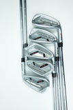 Five PING iron golf clubs arranged in a fan shape on a clean white background, showing the clubheads and part of the shafts.