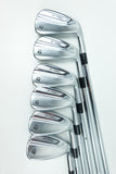 A set of seven silver metal golf irons arranged in a fan shape on a plain white background. The heads of the clubs show the Callaway brand name and logo.